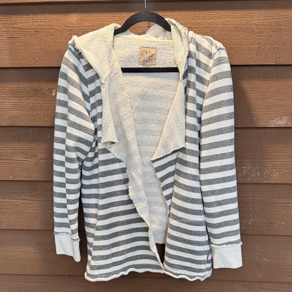 Chaser Gray and White Striped Raw Hem Women's Cardigan size L with pockets